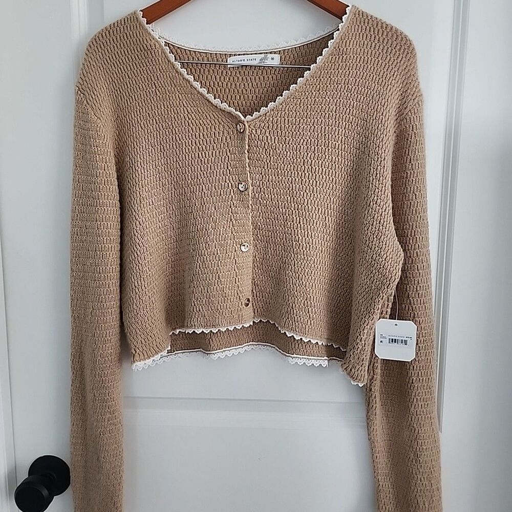Altar’d State Lace Trim Cardigan Size Med Tan V Neck Cottage Core Cropped NWT